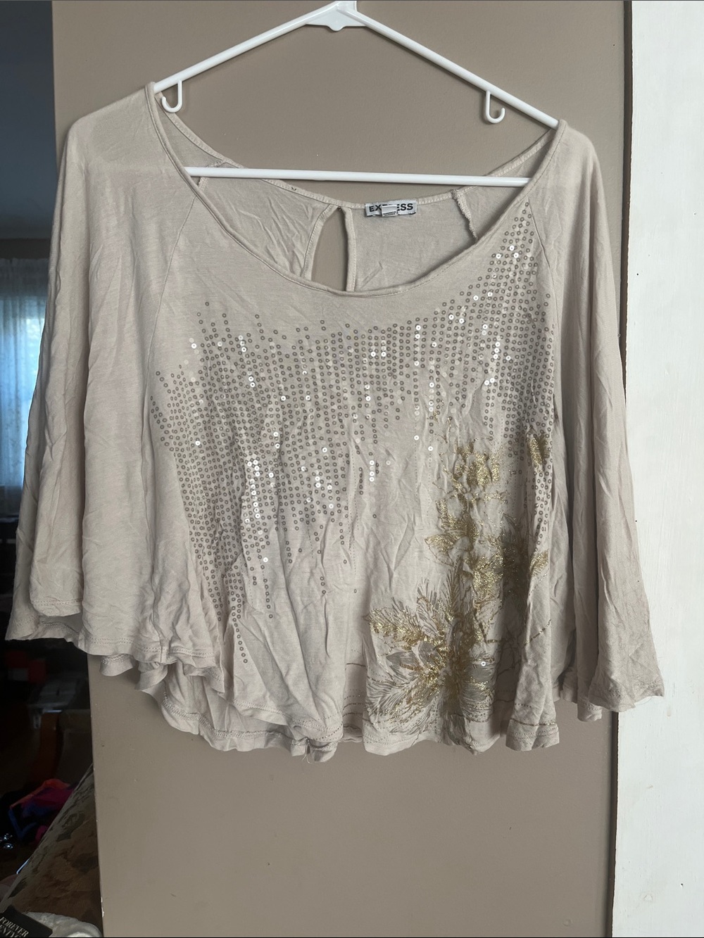 Express Beige Sequin & Metallic Floral Tunic Top